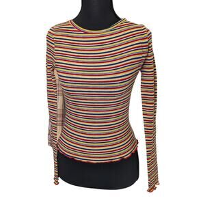Rainbows & Cupcakes Y2K Rainbow Striped Fitted Top with Lettuce Hem | Women's XS